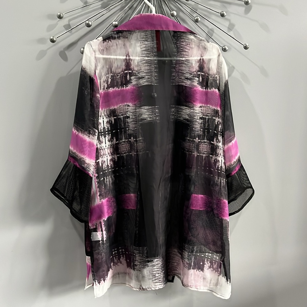 IC by Connie K Chic Sheer Black and Pink Open Front Cardigan Size Large - Picture 2 of 4